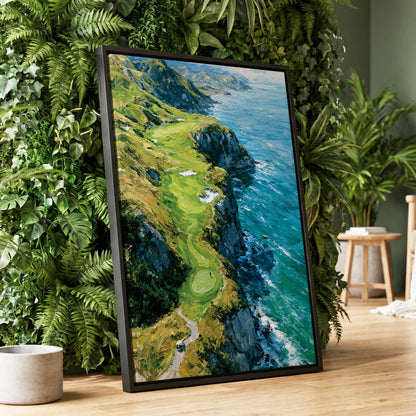 Clifftop Fairway, green, blue, white nature wall art displayed in a styled interior, gallery view 1