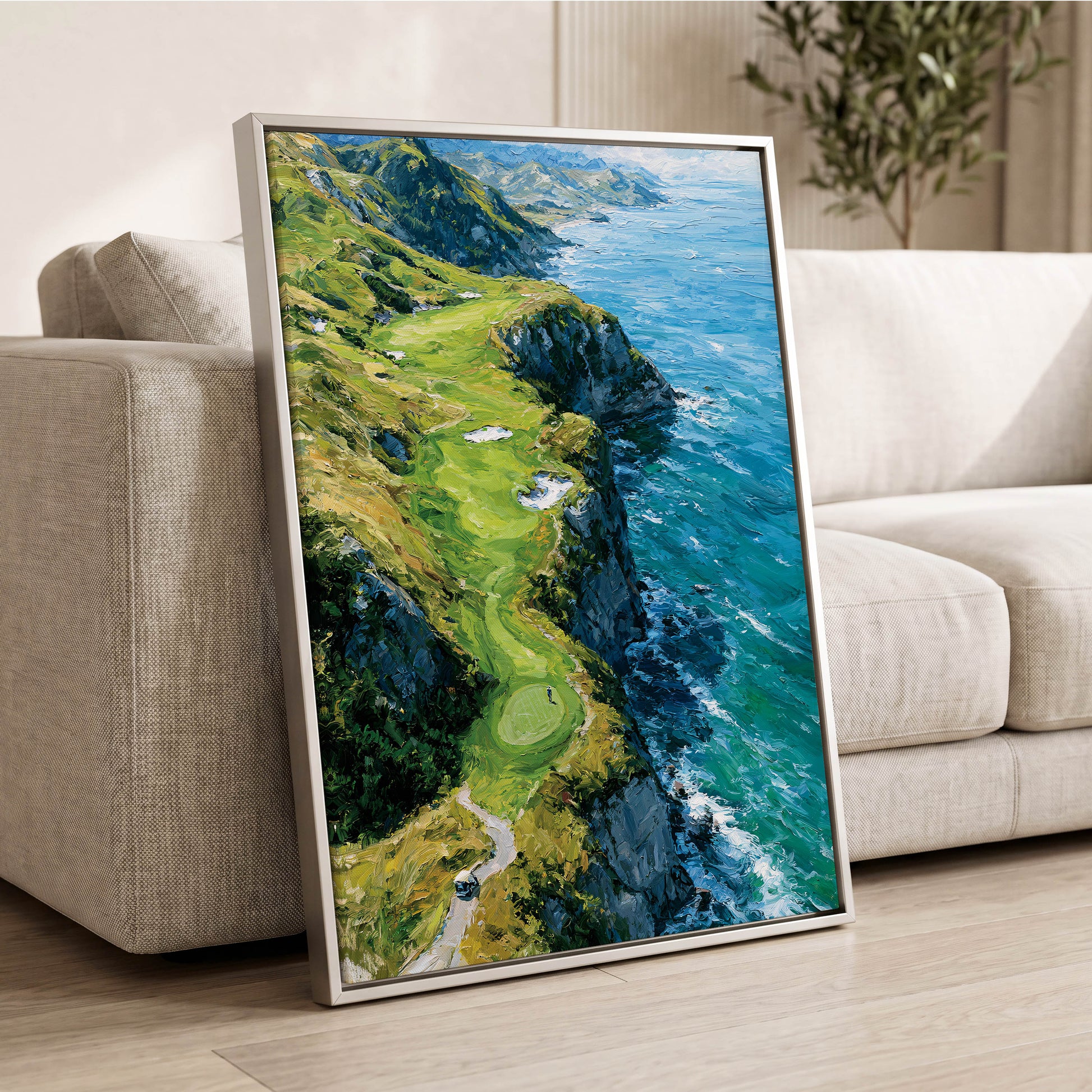 Clifftop Fairway, green, blue, white nature wall art displayed in a styled interior, gallery view 2