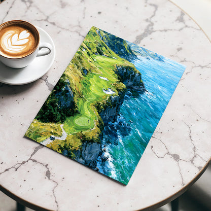 Clifftop Fairway, green, blue, white nature wall art displayed in a styled interior, gallery view 3