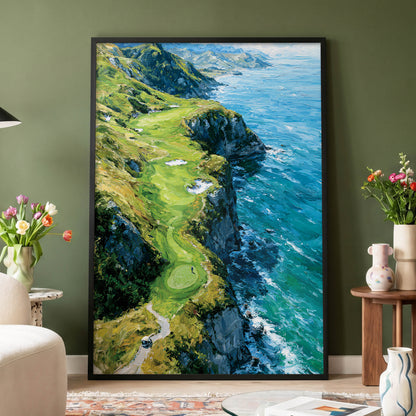 Clifftop Fairway, green, blue, white nature wall art displayed in a styled interior, gallery view 4