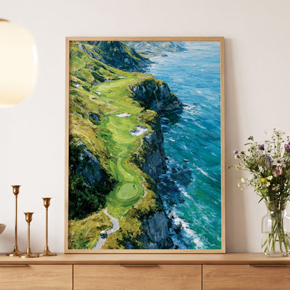 Clifftop Fairway, green, blue, white nature wall art displayed in a styled interior, gallery view 5