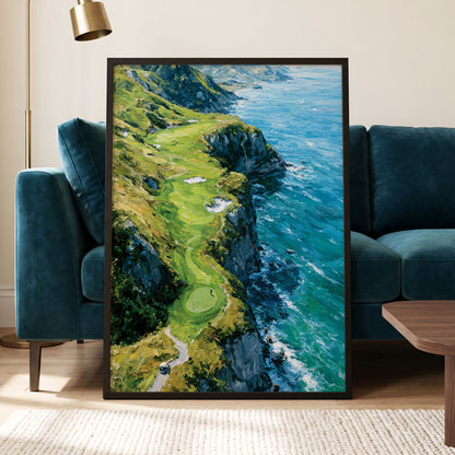 Clifftop Fairway, green, blue, white nature wall art displayed in a styled interior, gallery view 6