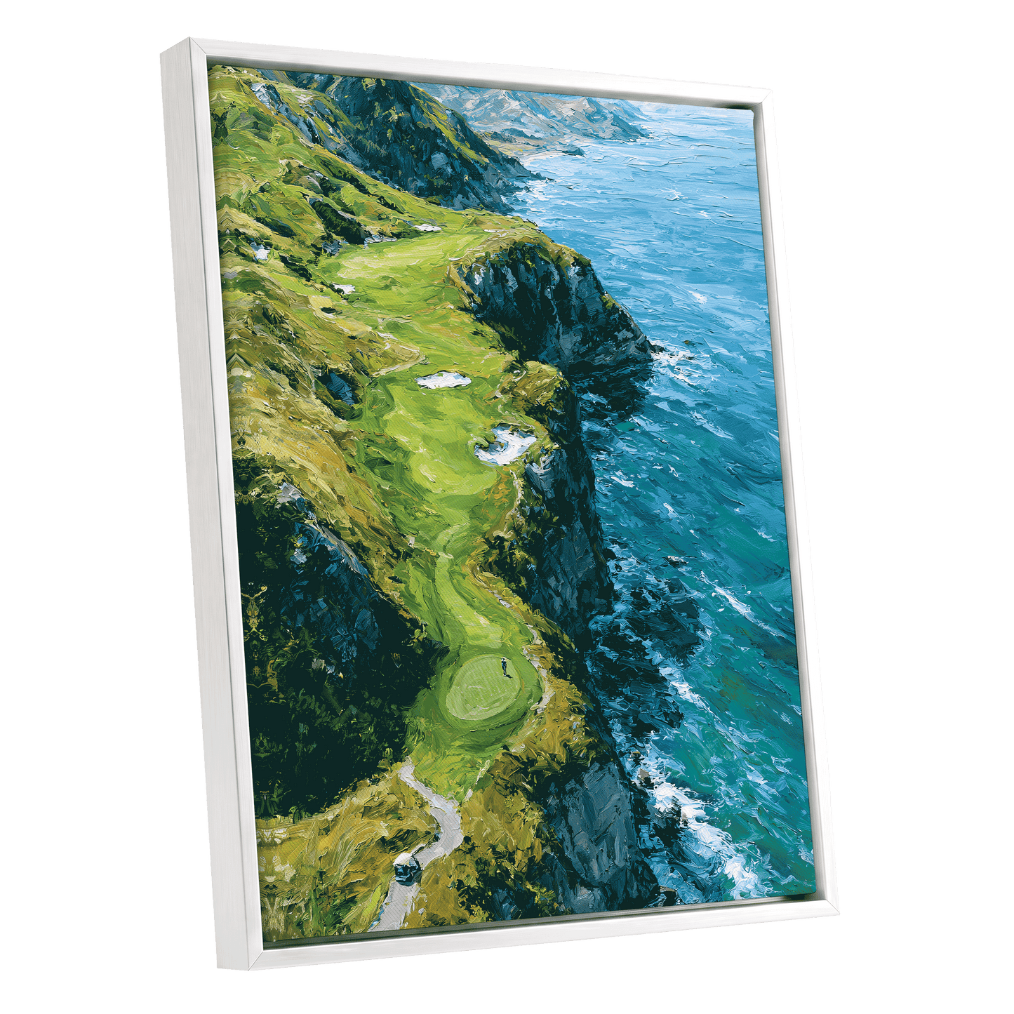 Clifftop Fairway, green, blue, white nature wall art shown as a white framed canvas wall art