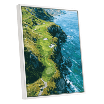 Clifftop Fairway, green, blue, white nature wall art shown as a white framed canvas wall art