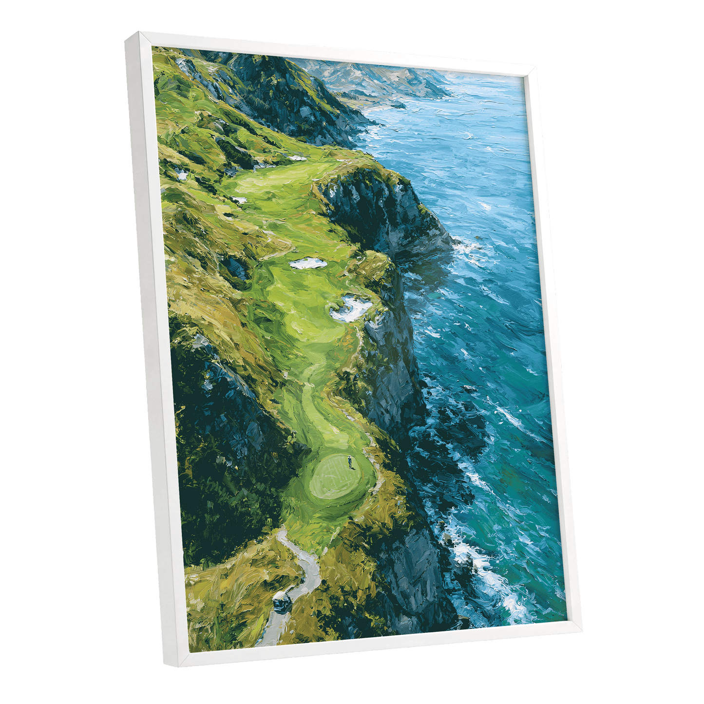 Clifftop Fairway, green, blue, white nature wall art shown as a white framed poster wall art print