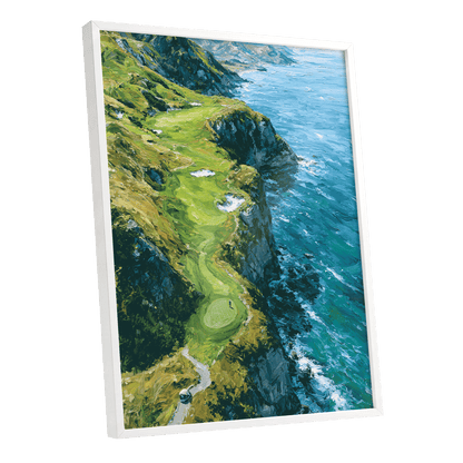 Clifftop Fairway, green, blue, white nature wall art shown as a white framed poster wall art print