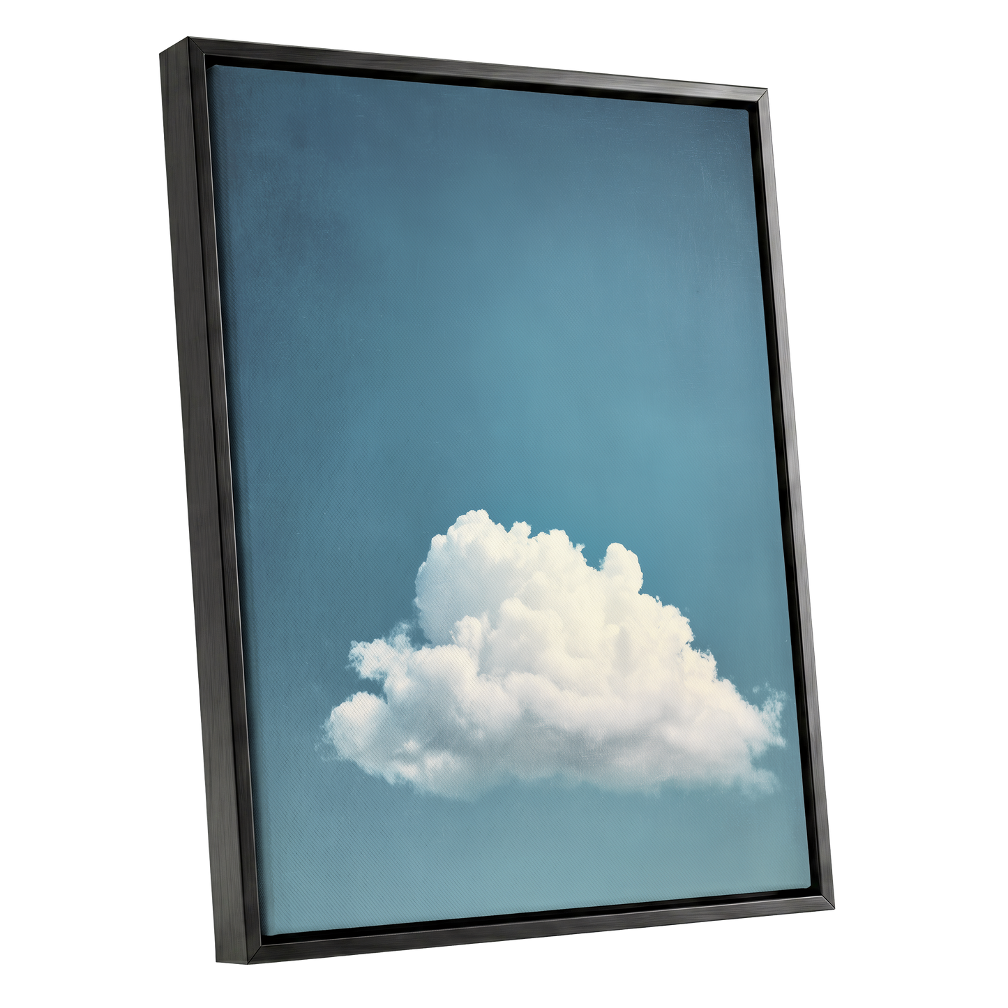 Cloud in Quiet Blue, blue, white, gray nature wall art shown as a black framed canvas wall art