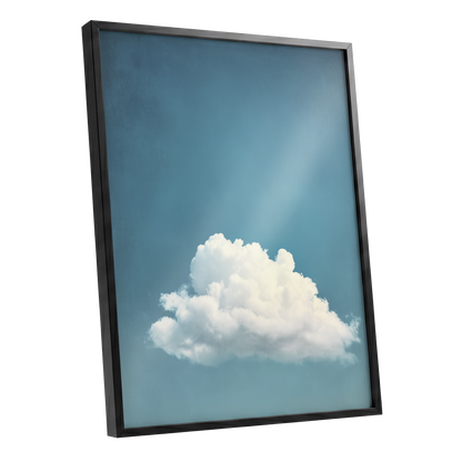 Cloud in Quiet Blue, blue, white, gray nature wall art shown as a black framed poster wall art print