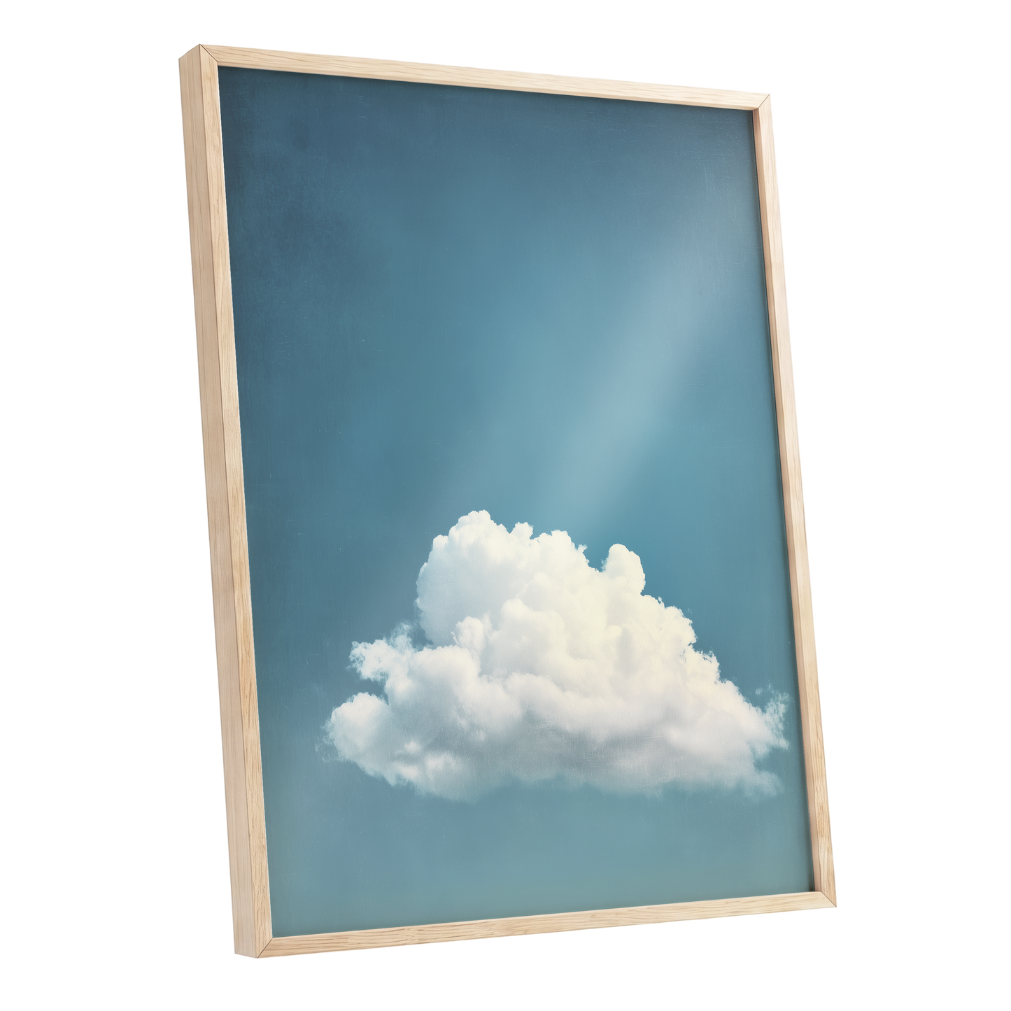 Cloud in Quiet Blue, blue, white, gray nature wall art shown as a oak framed poster wall art print