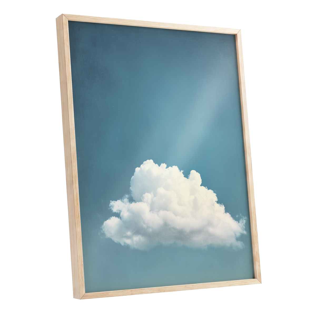 Cloud in Quiet Blue, blue, white, gray nature wall art shown as a oak framed poster wall art print