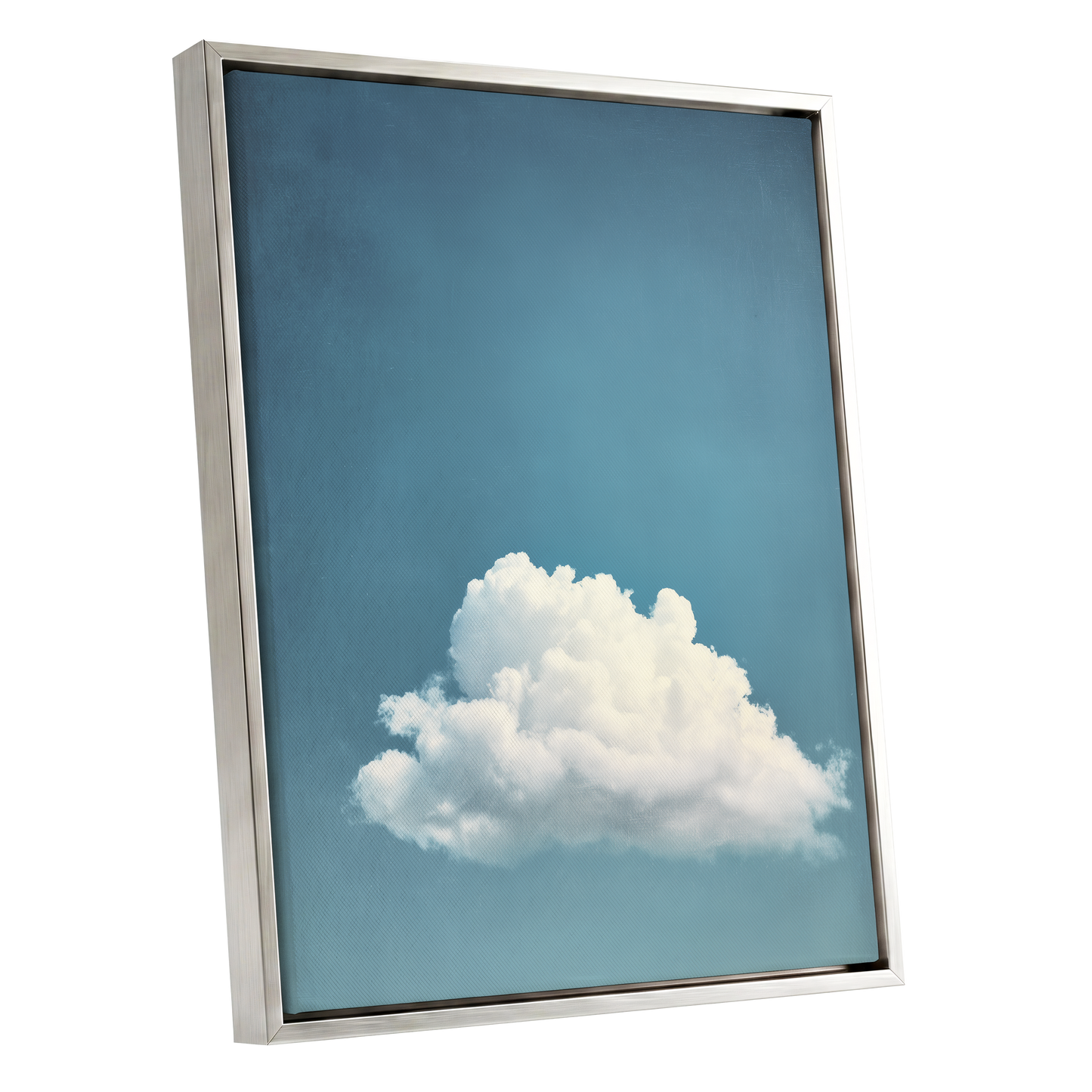 Cloud in Quiet Blue, blue, white, gray nature wall art shown as a silver framed canvas wall art