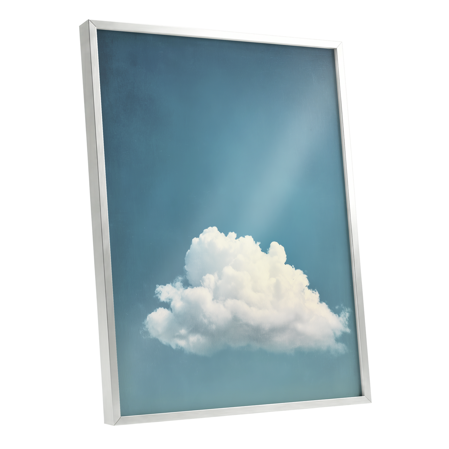 Cloud in Quiet Blue, blue, white, gray nature wall art shown as a silver framed poster wall art print