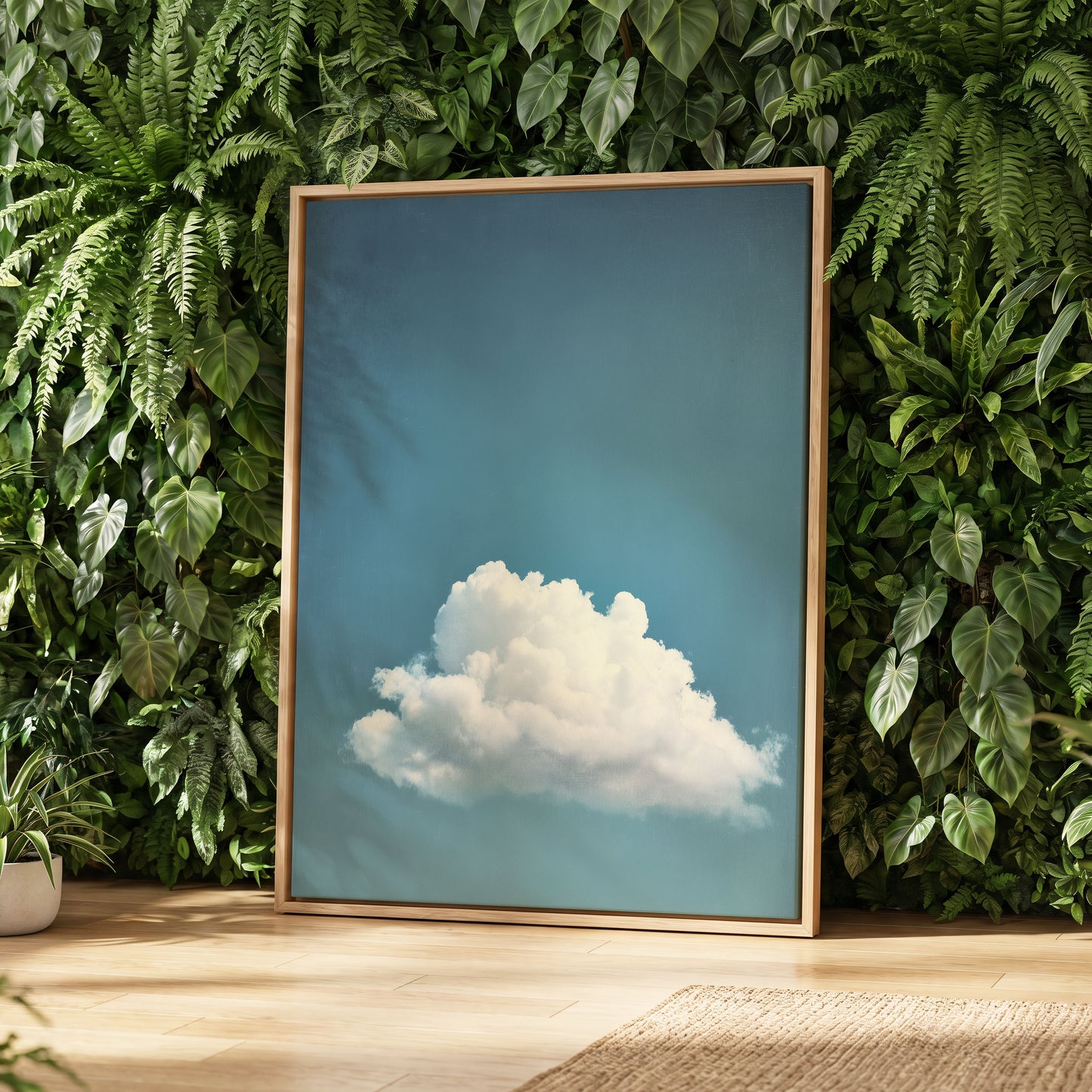 Cloud in Quiet Blue, blue, white, gray nature wall art displayed in a styled interior, gallery view 4