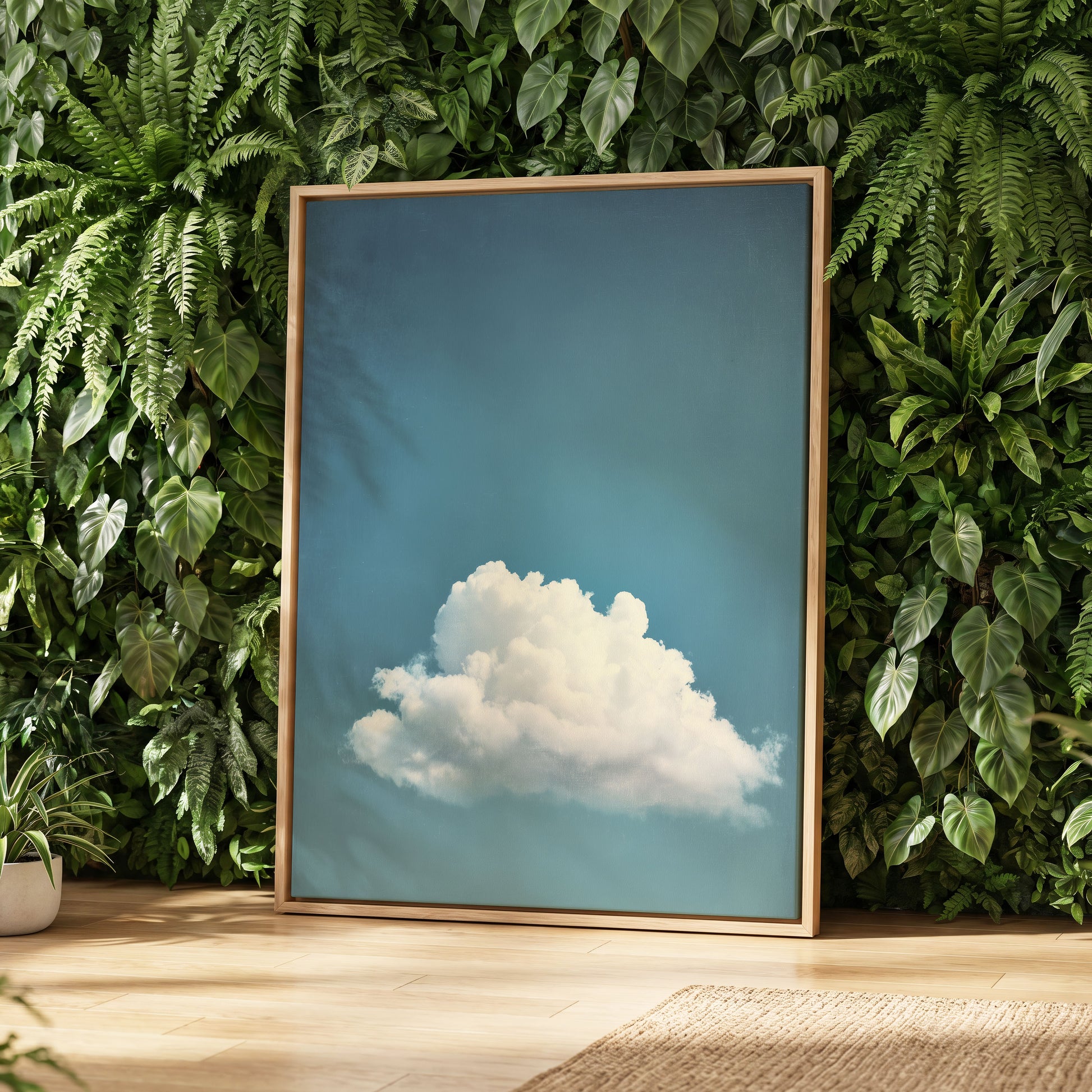 Cloud in Quiet Blue, blue, white, gray nature wall art displayed in a styled interior, gallery view 4