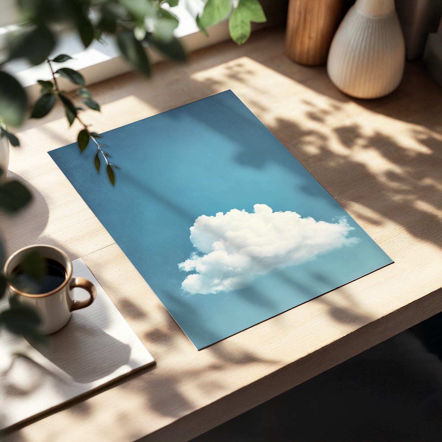 Cloud in Quiet Blue, blue, white, gray nature wall art displayed in a styled interior, gallery view 5
