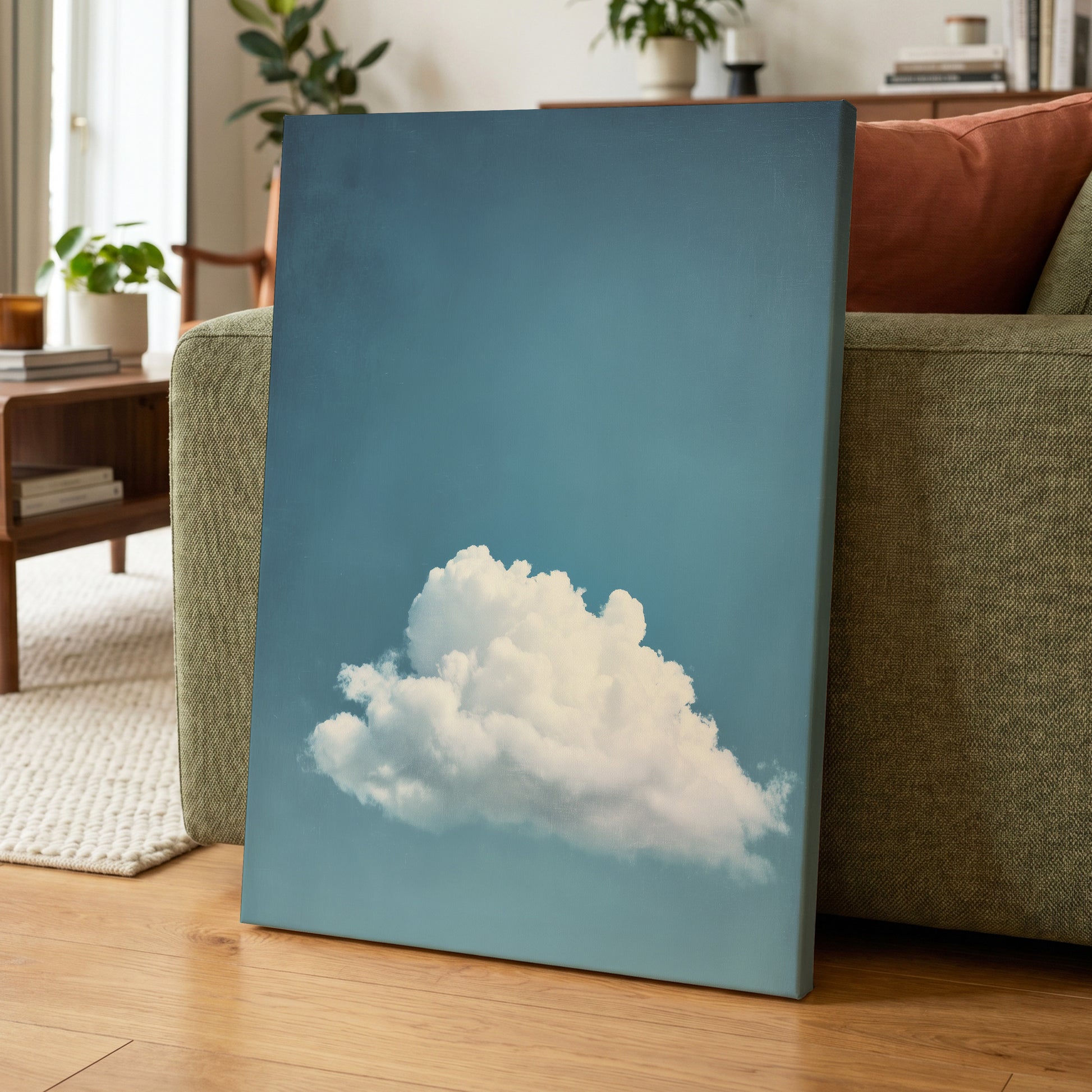 Cloud in Quiet Blue, blue, white, gray nature wall art displayed in a styled interior, gallery view 7