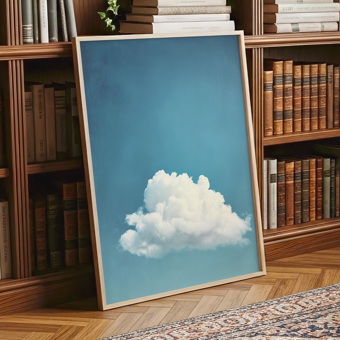 Cloud in Quiet Blue, blue, white, gray nature wall art displayed in a styled interior, gallery view 9