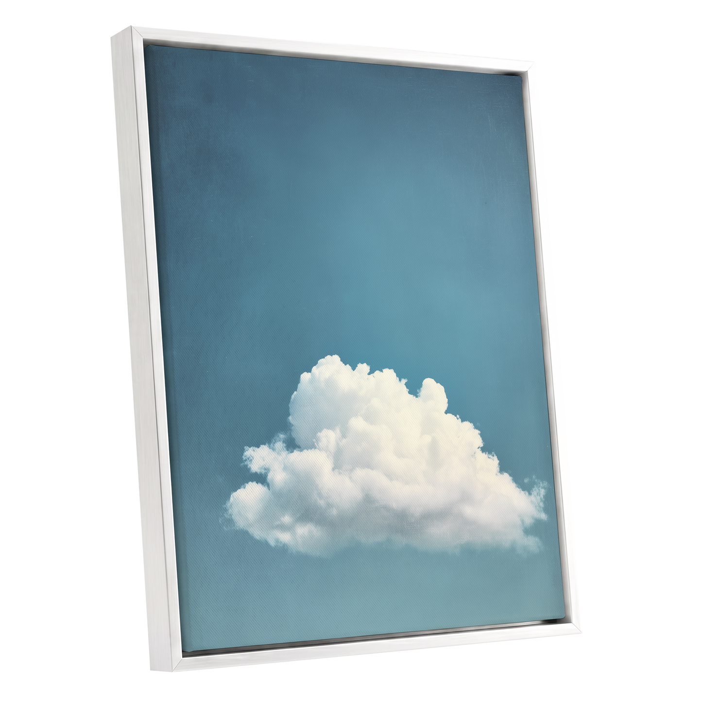Cloud in Quiet Blue, blue, white, gray nature wall art shown as a white framed canvas wall art