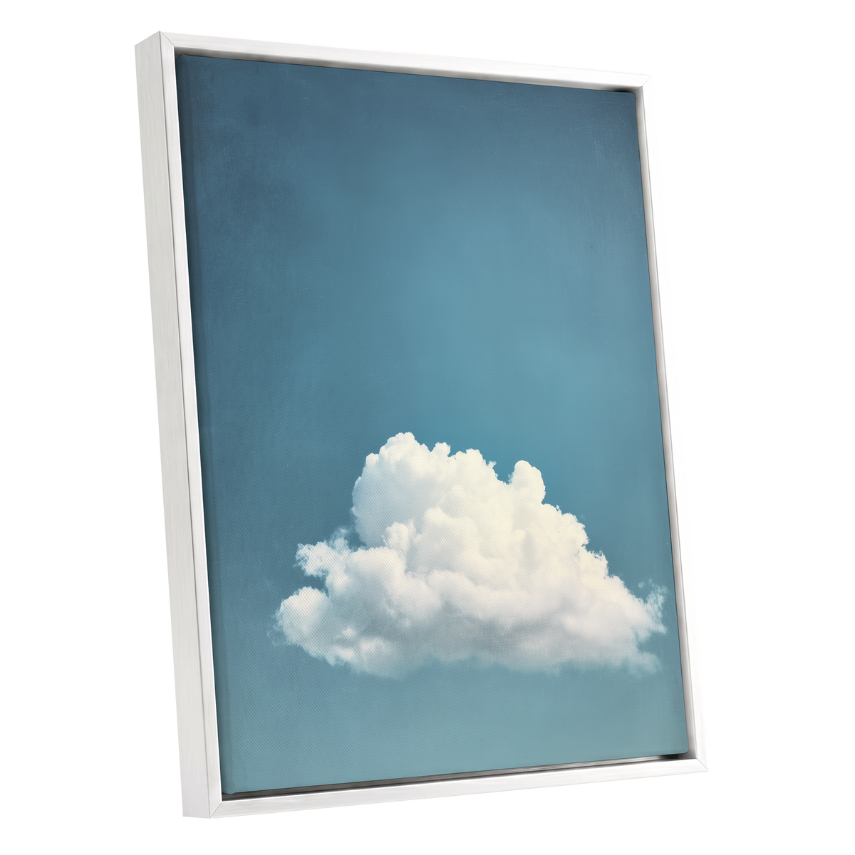 Cloud in Quiet Blue, blue, white, gray nature wall art shown as a white framed canvas wall art