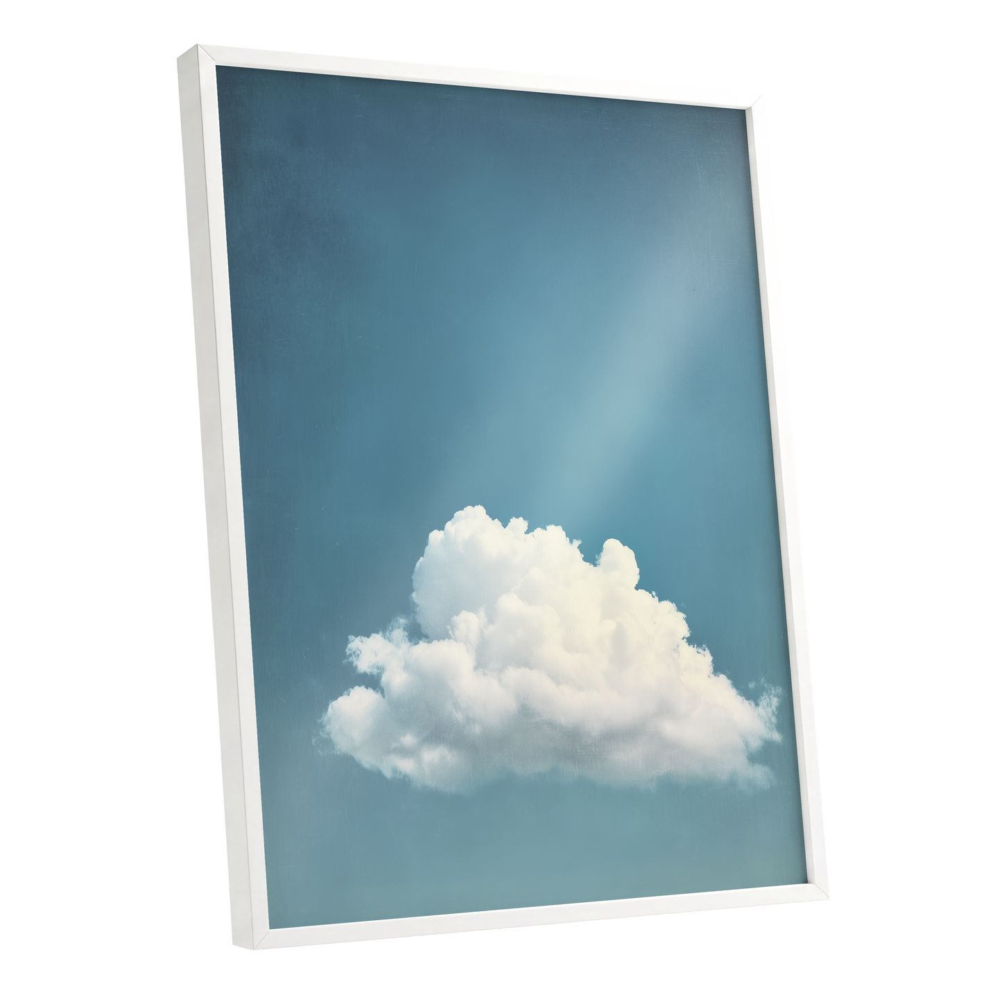Cloud in Quiet Blue, blue, white, gray nature wall art shown as a white framed poster wall art print