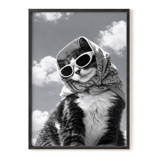 Cloud Nine Cat, black, white, gray nature wall art, front artwork view