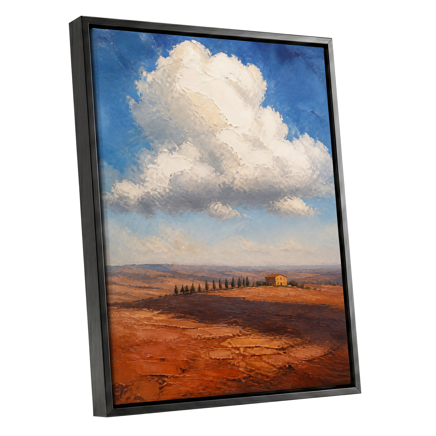 Cloud Over Ochre Fields, blue, white, brown nature wall art shown as a black framed canvas wall art