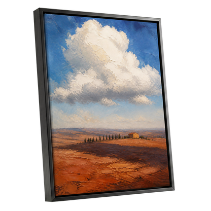 Cloud Over Ochre Fields, blue, white, brown nature wall art shown as a black framed canvas wall art