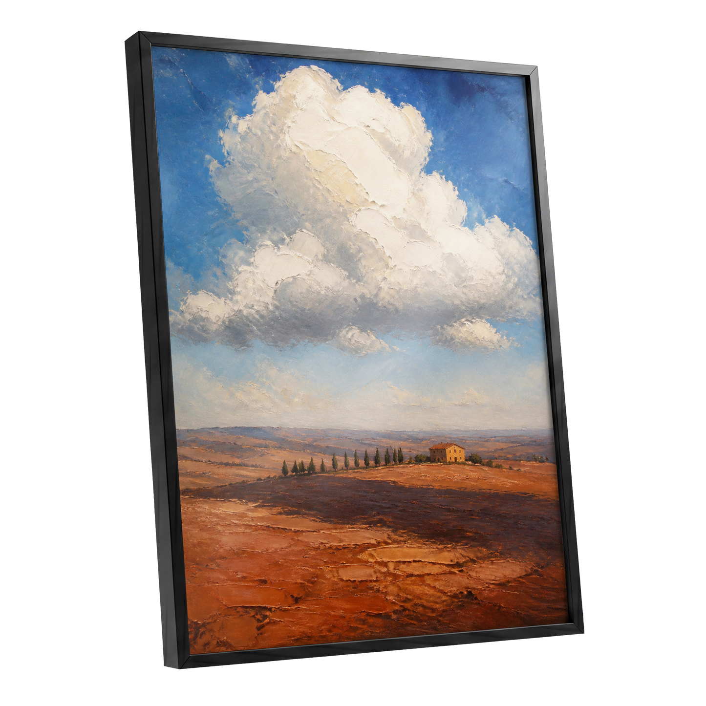 Cloud Over Ochre Fields, blue, white, brown nature wall art shown as a black framed poster wall art print