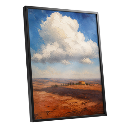 Cloud Over Ochre Fields, blue, white, brown nature wall art shown as a black framed poster wall art print