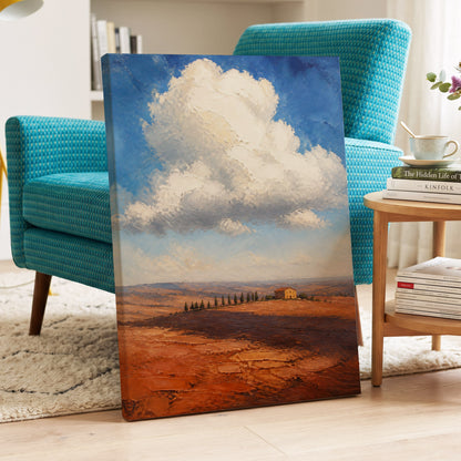 Cloud Over Ochre Fields, blue, white, brown nature wall art on canvas displayed in a styled interior, gallery view 1