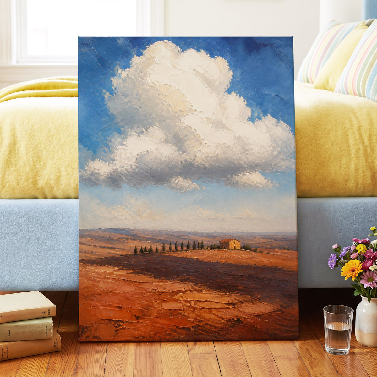 Cloud Over Ochre Fields, blue, white, brown nature wall art on canvas displayed in a styled interior, gallery view 2