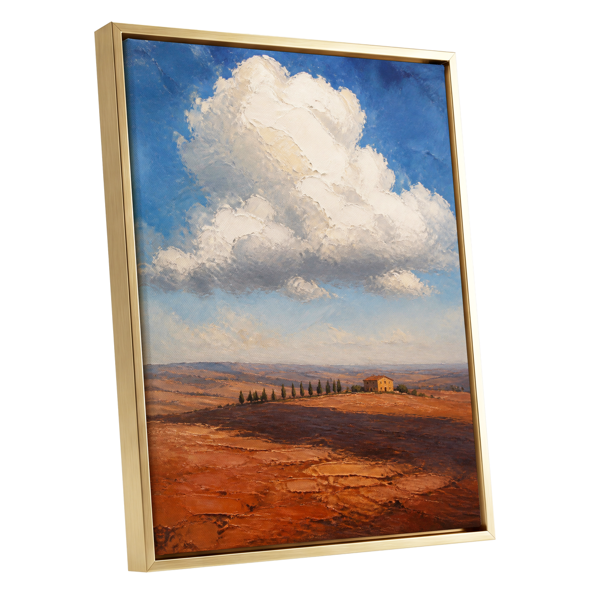 Cloud Over Ochre Fields, blue, white, brown nature wall art shown as a gold framed canvas wall art