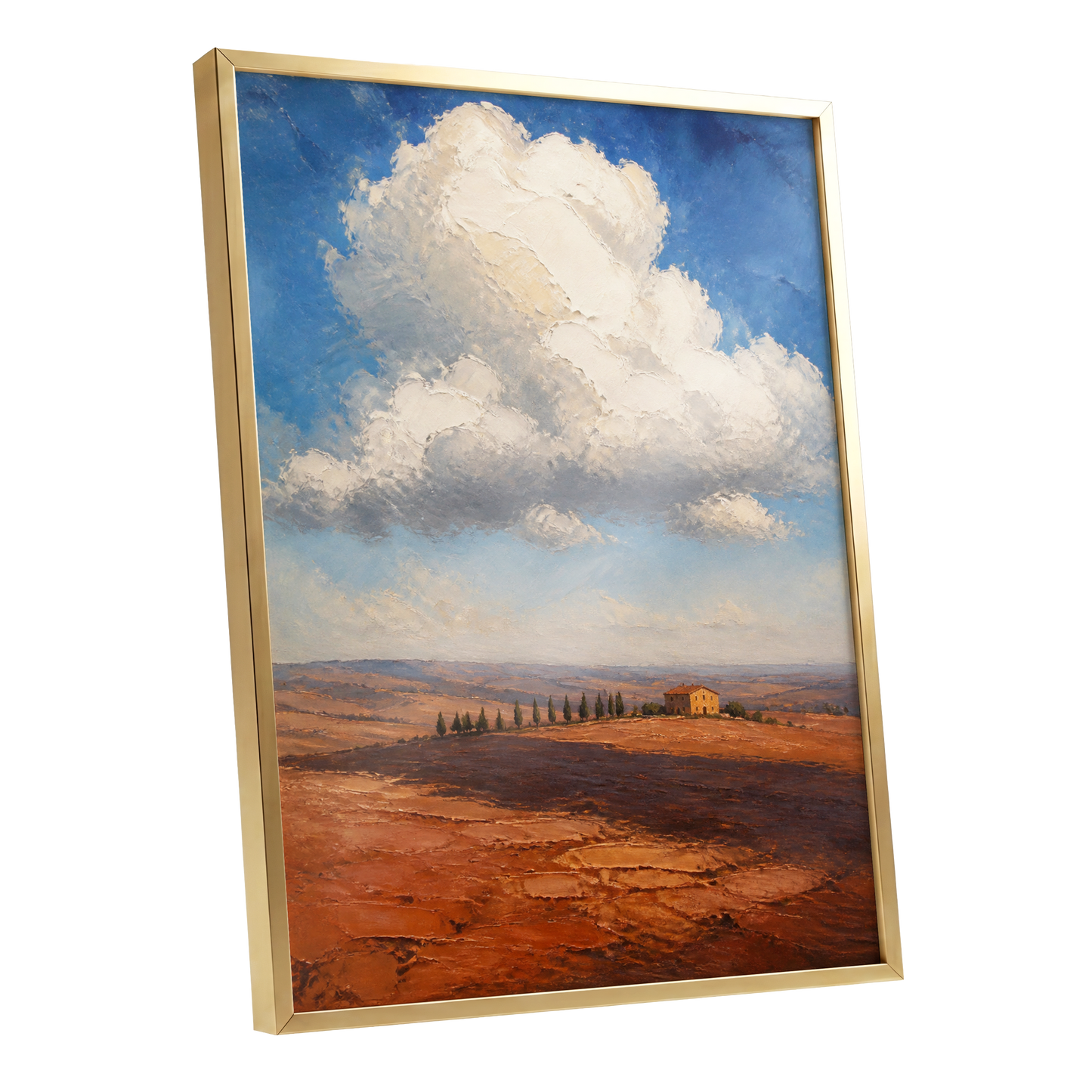 Cloud Over Ochre Fields, blue, white, brown nature wall art shown as a gold framed poster wall art print