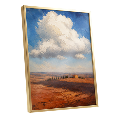 Cloud Over Ochre Fields, blue, white, brown nature wall art shown as a gold framed poster wall art print