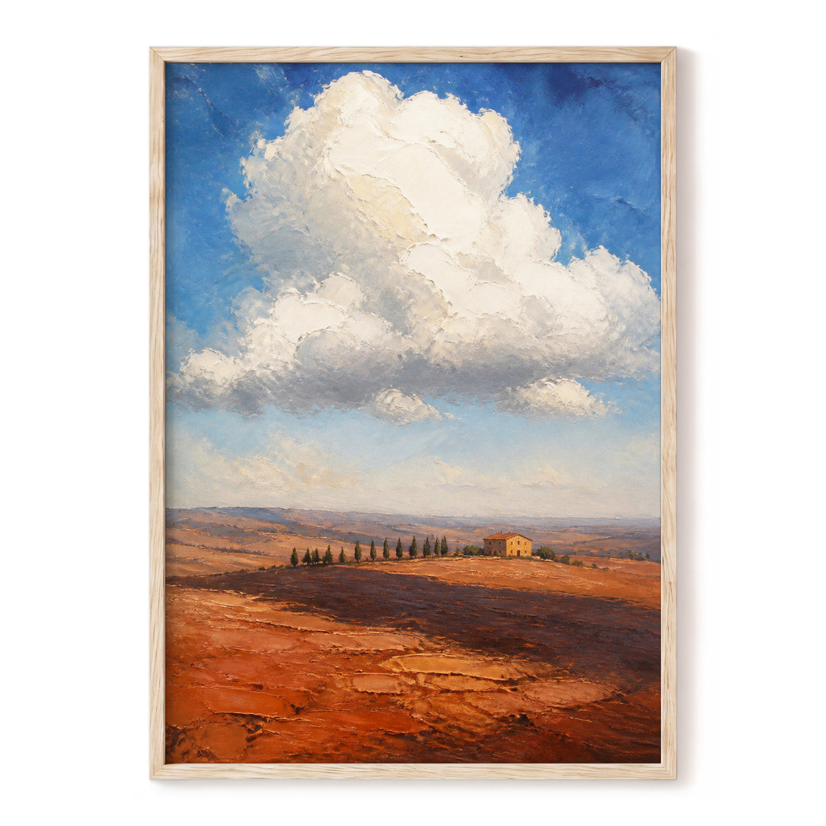 Cloud Over Ochre Fields, blue, white, brown nature wall art, front artwork view