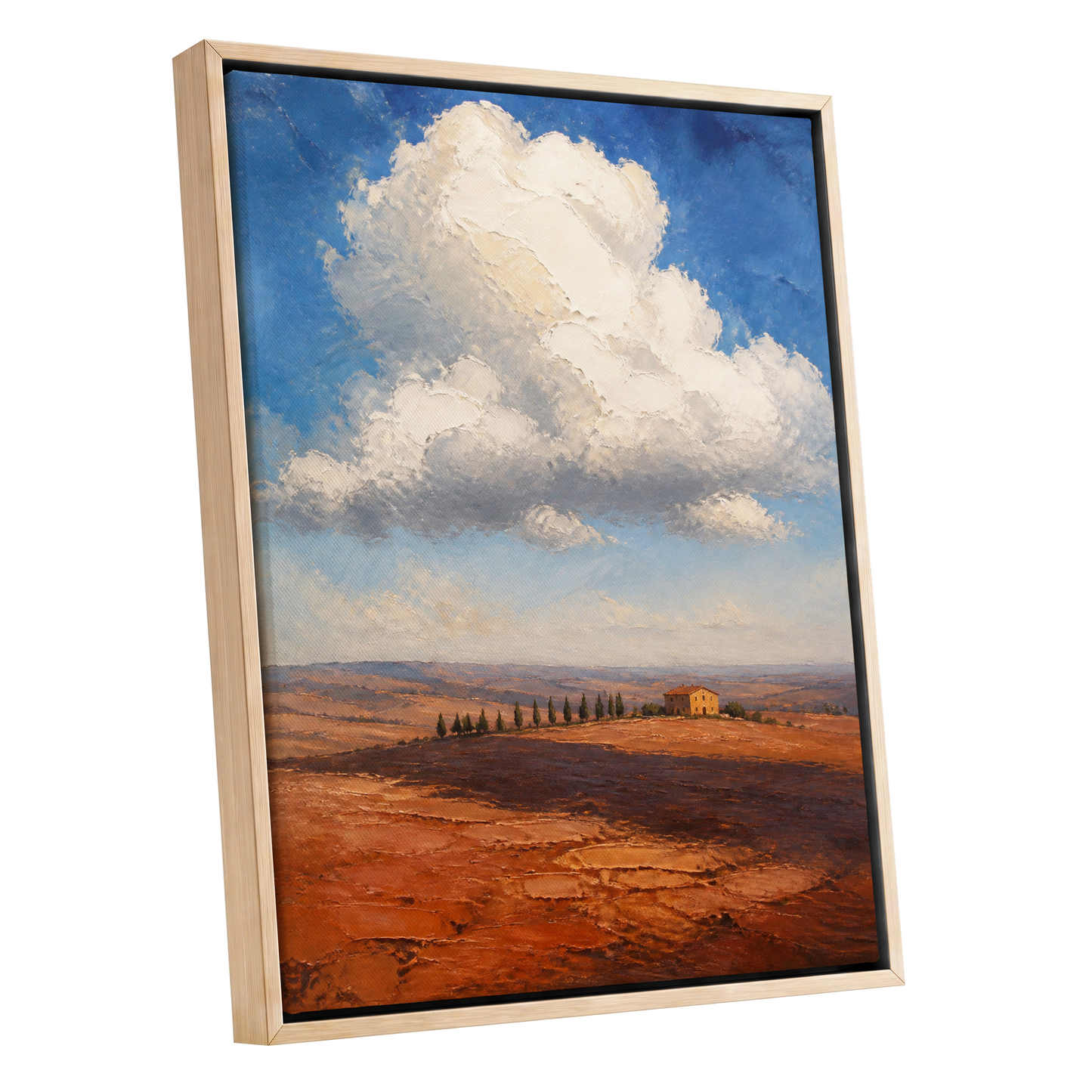 Cloud Over Ochre Fields, blue, white, brown nature wall art shown as a oak framed canvas wall art
