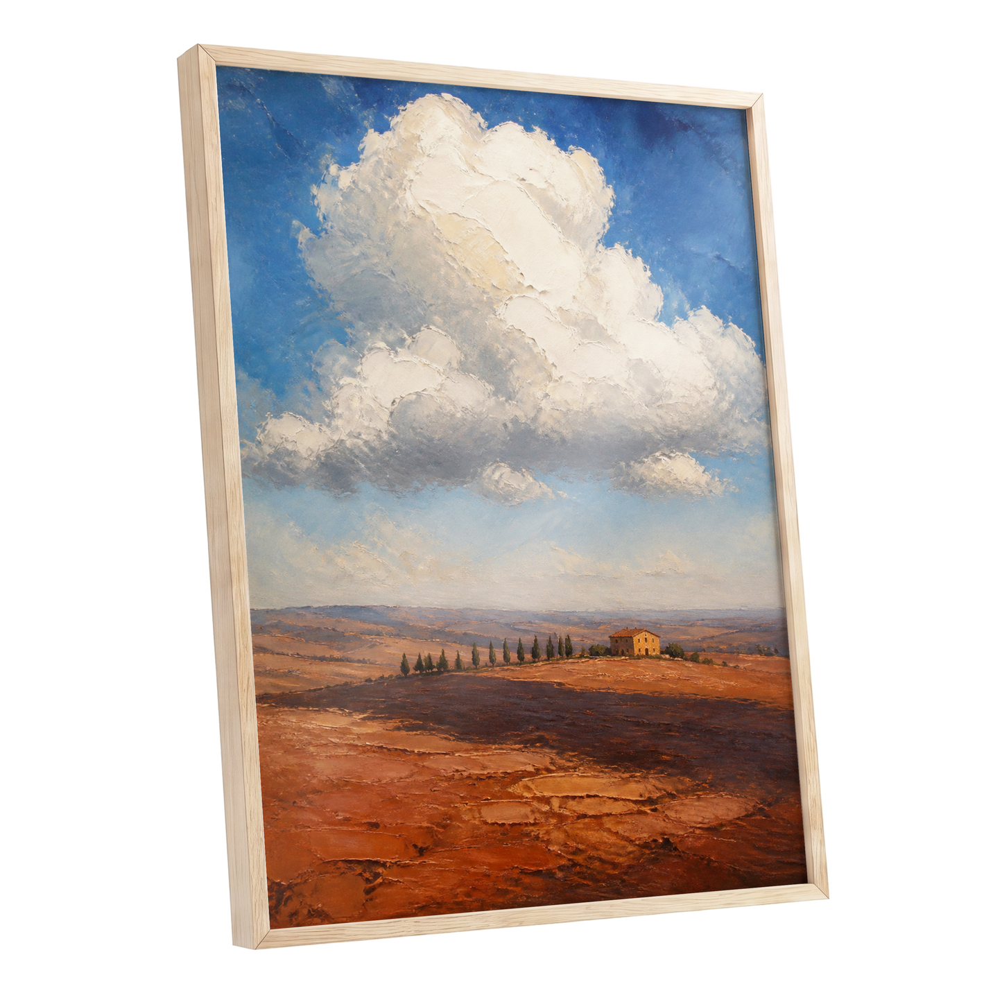Cloud Over Ochre Fields, blue, white, brown nature wall art shown as a oak framed poster wall art print