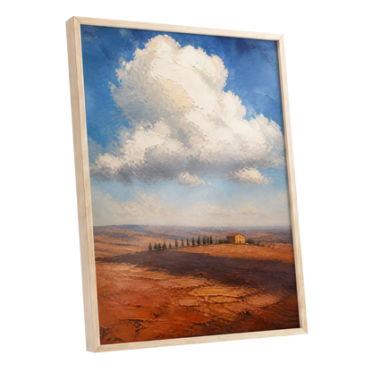 Cloud Over Ochre Fields, blue, white, brown nature wall art shown as a oak framed poster wall art print
