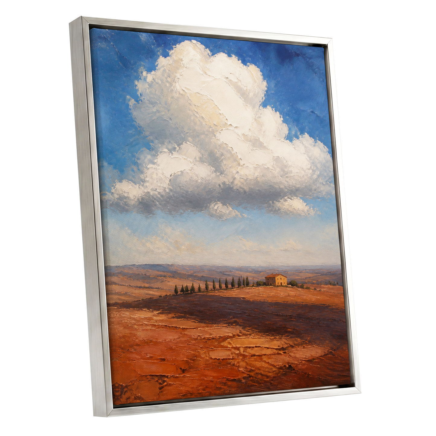 Cloud Over Ochre Fields, blue, white, brown nature wall art shown as a silver framed canvas wall art