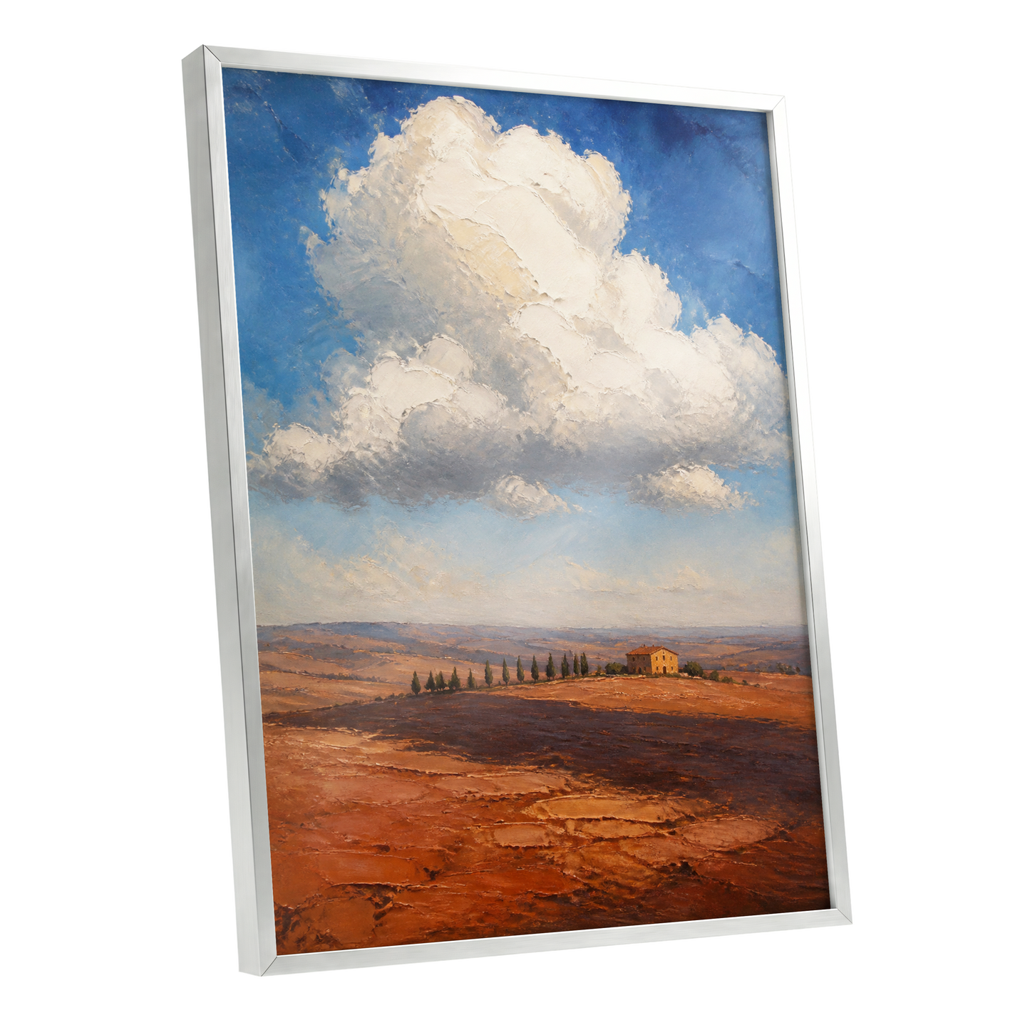 Cloud Over Ochre Fields, blue, white, brown nature wall art shown as a silver framed poster wall art print