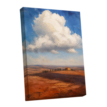 Cloud Over Ochre Fields, blue, white, brown nature wall art shown as a stretched canvas wall art