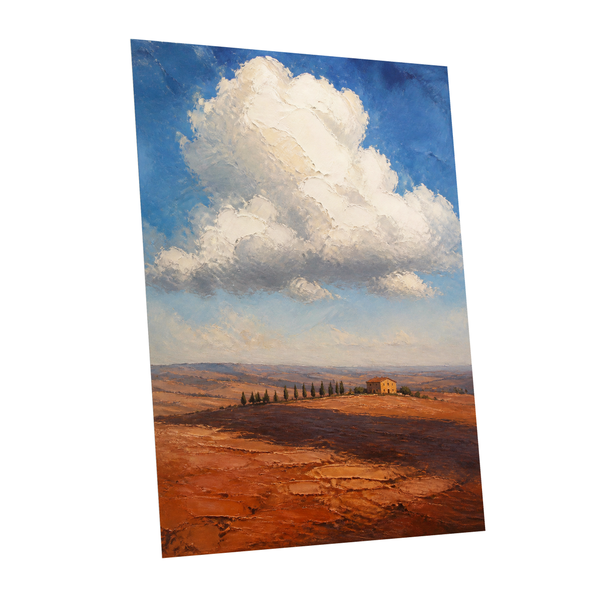 Cloud Over Ochre Fields, blue, white, brown nature wall art shown as a unframed poster wall art print