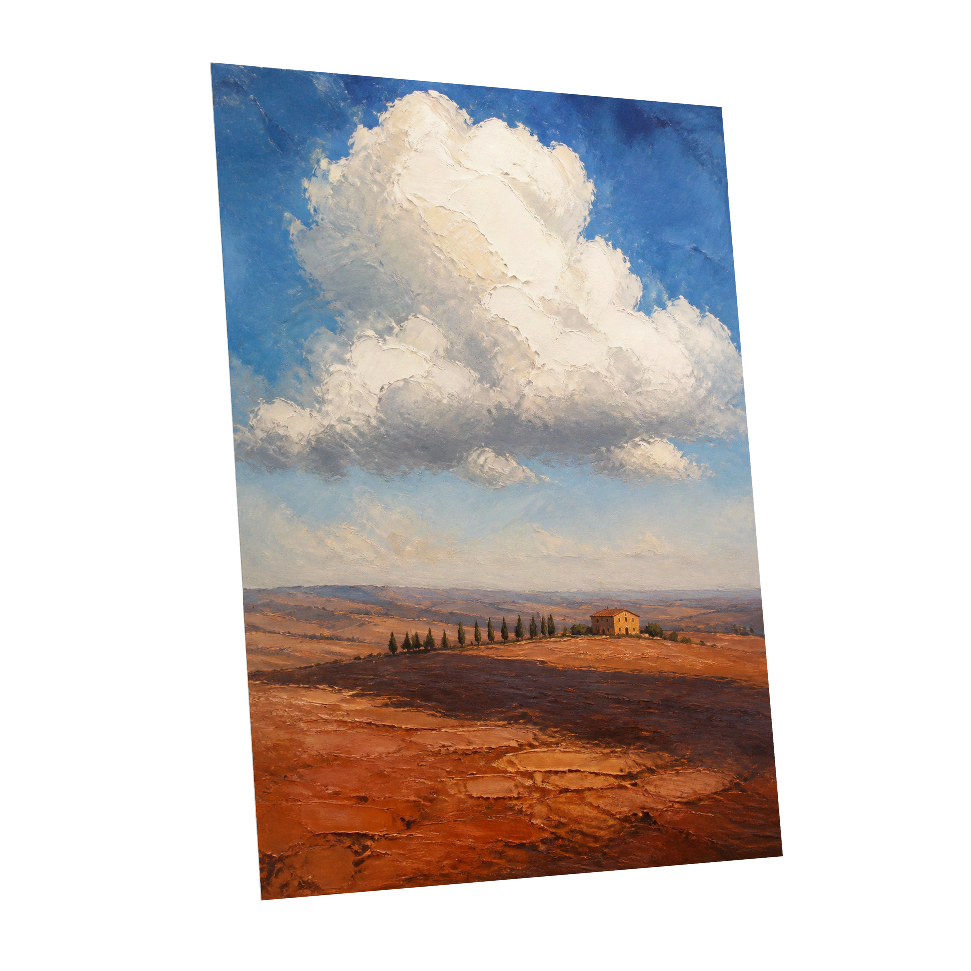 Cloud Over Ochre Fields, blue, white, brown nature wall art shown as a unframed poster wall art print