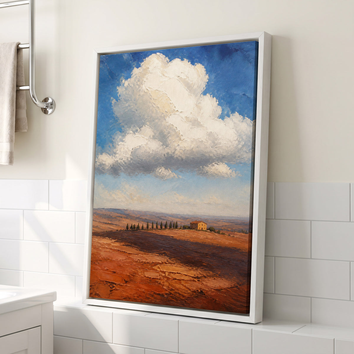 Cloud Over Ochre Fields, blue, white, brown nature wall art displayed in a styled interior, gallery view 2
