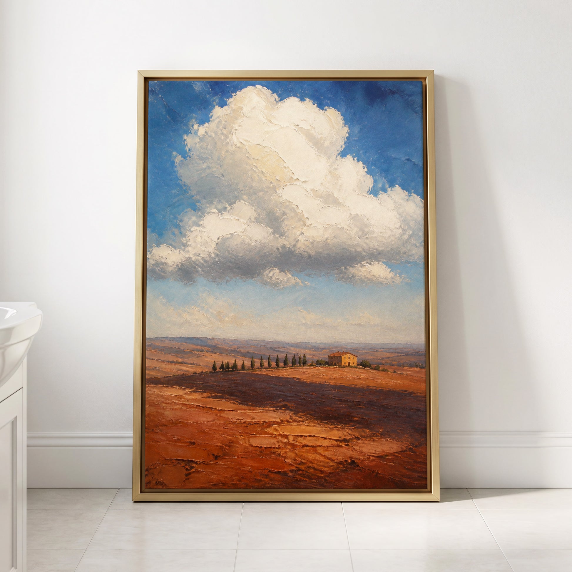 Cloud Over Ochre Fields, blue, white, brown nature wall art displayed in a styled interior, gallery view 4