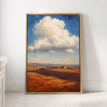 Cloud Over Ochre Fields, blue, white, brown nature wall art displayed in a styled interior, gallery view 4
