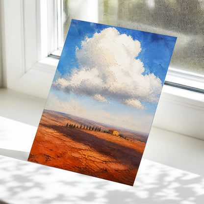 Cloud Over Ochre Fields, blue, white, brown nature wall art displayed in a styled interior, gallery view 5