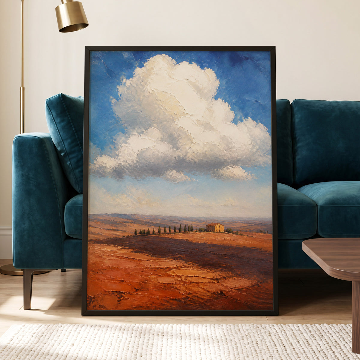 Cloud Over Ochre Fields, blue, white, brown nature wall art displayed in a styled interior, gallery view 6