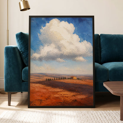 Cloud Over Ochre Fields, blue, white, brown nature wall art displayed in a styled interior, gallery view 6