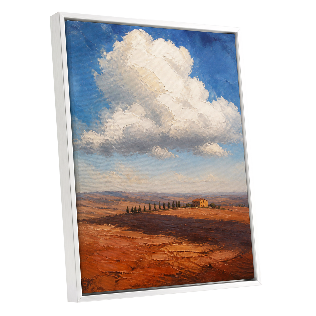 Cloud Over Ochre Fields, blue, white, brown nature wall art shown as a white framed canvas wall art